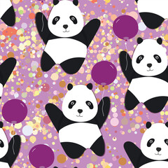 Seamless pattern with cute panda baby on color background. Funny asian animals. Card, postcards for kids. Flat vector illustration for fabric, textile, wallpaper, poster, gift wrapping paper.