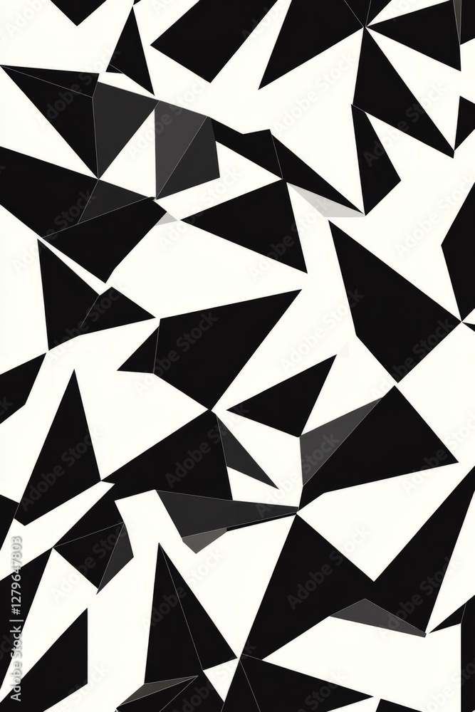 Poster a minimalist black and white geometric design composed of interlocking triangles, creating an optica