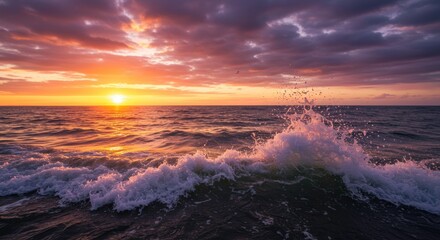Naklejka premium Dramatic Seascape: The sun dips below the horizon, painting the sky with fiery hues as ocean waves crash in a beautiful sunset. Capturing the power and beauty of the ocean.