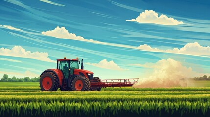 Obraz premium Vibrant tractor plowing a lush green field under a bright blue sky with clouds