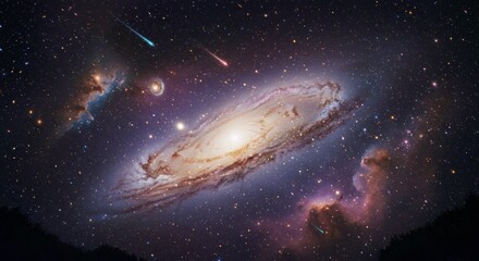 Cosmic Dance: A breathtaking view of the galaxy with swirling celestial bodies and shooting stars against the endless starry backdrop, evoking a sense of wonder.