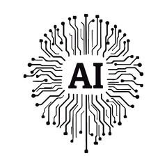 A circuit board with an AI chip. Black-white color. Futuristic design with machine learning and artificial intelligence style. Banner and template designs using vector illustrations.
