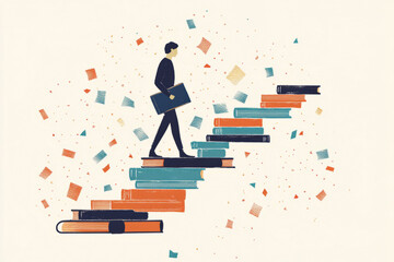 A thoughtful illustration of a person walking up an abstract staircase made of books, each step symbolizing progress, learning, and overcoming challenges in life.