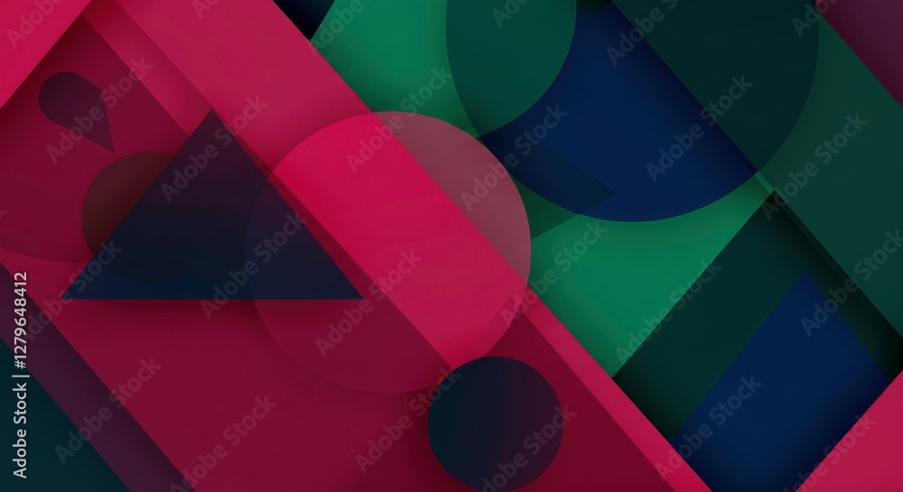 Poster geometric harmony: a dynamic composition of geometric shapes, featuring layered triangles, circles, 