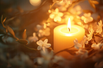 A peaceful illustration of a candle glowing in the dark, surrounded by soft, delicate flowers, symbolizing remembrance and emotional healing during grief.