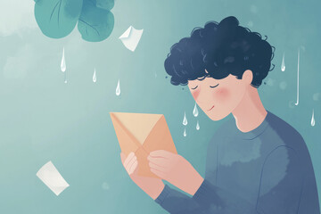 A heartwarming illustration of a person receiving a letter filled with positive words, bringing tears of happiness.