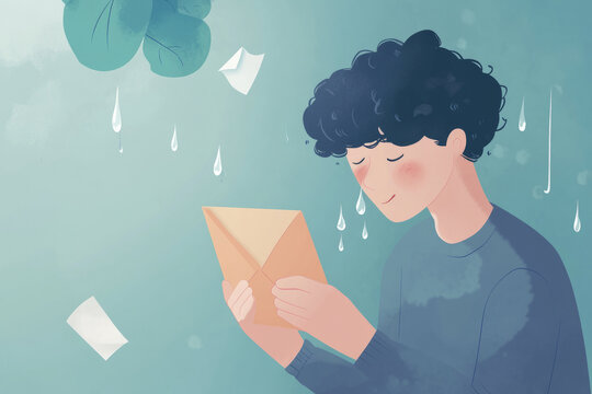 A heartwarming illustration of a person receiving a letter filled with positive words, bringing tears of happiness.