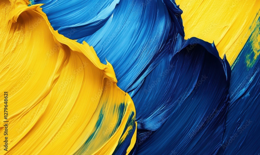 Poster abstract brush strokes in bright yellow and deep blue, layered dynamically to create a bold and mode