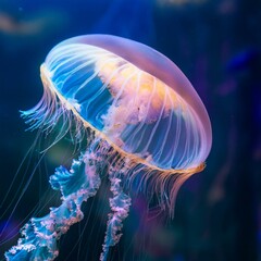 Fototapeta premium Ethereal jellyfish drifting through the deep sea, illuminated by bioluminescence.