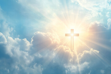 A symbolic illustration of a religious theme, with soft rays of light emanating from a delicate cross, surrounded by peaceful clouds and a calming aura.