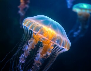 Ethereal jellyfish drifting through the deep sea, illuminated by bioluminescence.