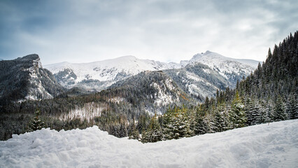 Tatra Mountains, Poland. View of Giewont. Panorama of a mountain landscape. Winter in the mountains