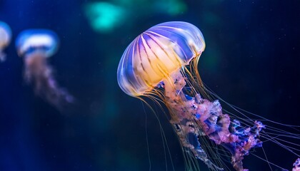 Fototapeta premium Ethereal jellyfish drifting through the deep sea, illuminated by bioluminescence.