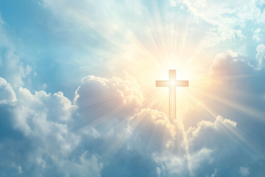 A symbolic illustration of a religious theme, with soft rays of light emanating from a delicate cross, surrounded by peaceful clouds and a calming aura.