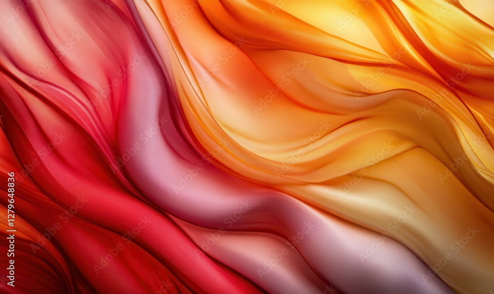 Poster abstract colorful silk fabric folds in shades of red and gold, illuminated by soft light creating a 