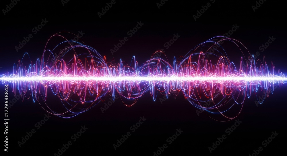 Poster sound wave dynamics: an entrancing display of colorful sound waves undulates against a deep, contras