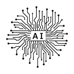 A circuit board with an AI chip. Black-white color. Futuristic design with machine learning and artificial intelligence style. Banner and template designs using vector illustrations.
