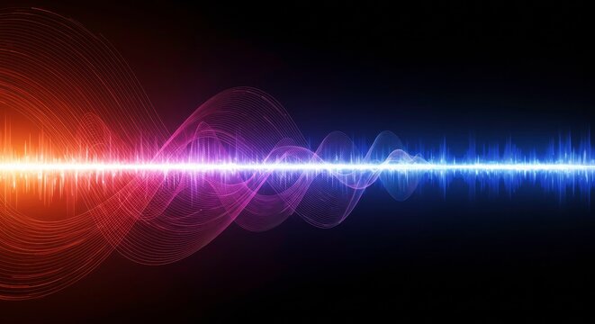 Vibrant Sound Waves: A dynamic visual representation of sound waves, rendered in striking hues of orange and blue, undulating across a dark expanse, symbolizing energy and audio frequencies.