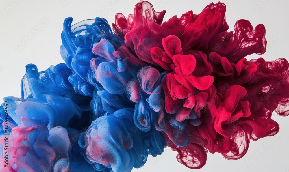 Poster abstract explosion of deep red and blue ink in water, vibrant swirls and intricate details creating 
