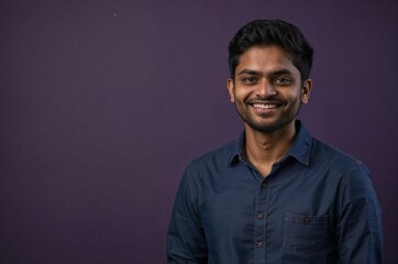 Obraz premium Confident young man in a blue shirt posing against a stylish purple background. Perfect for corporate, startup, or business-related themes.