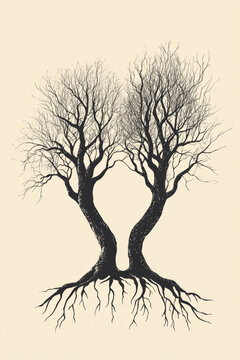 A symbolic illustration of two trees standing side by side, their branches intertwined, representing balance, support, and growth in relationships.