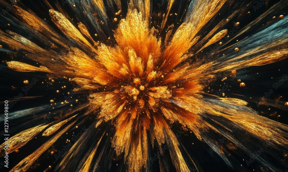 Poster abstract explosion of golden particles creating a dynamic visual against a sleek black background, s