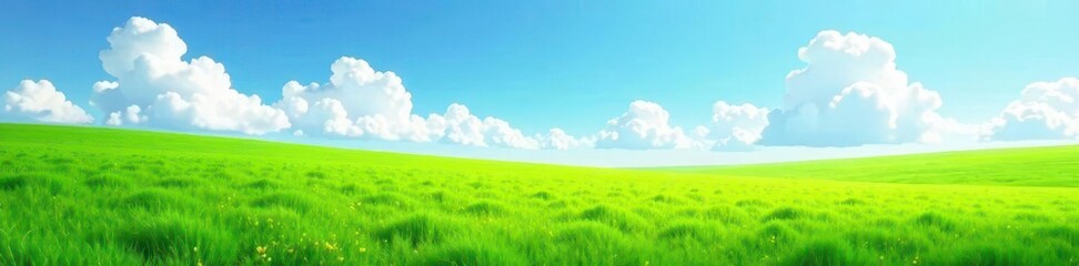 Fototapeta premium A vast expanse of green grass stretching towards the horizon, open, fluffy white clouds, peaceful