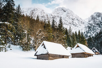 Tatra Mountains, Poland. View of Giewont from Polana Strążyska. Panorama of a mountain landscape. Winter in the mountains
