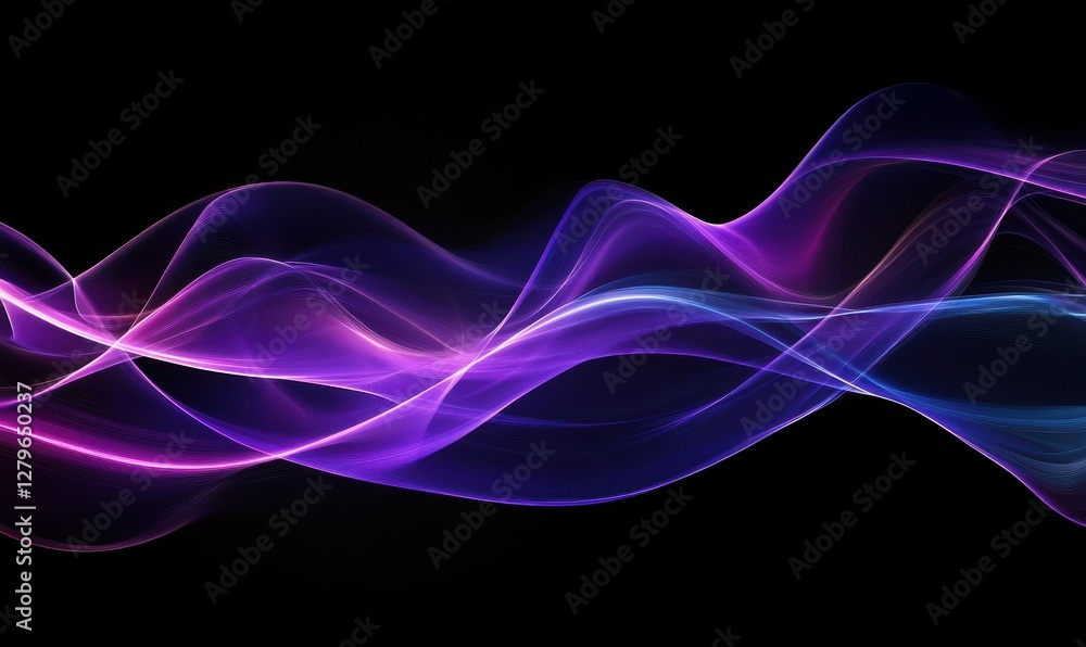 Poster abstract glowing wave pattern in vibrant purple and blue tones on a dark background, smooth lines cr