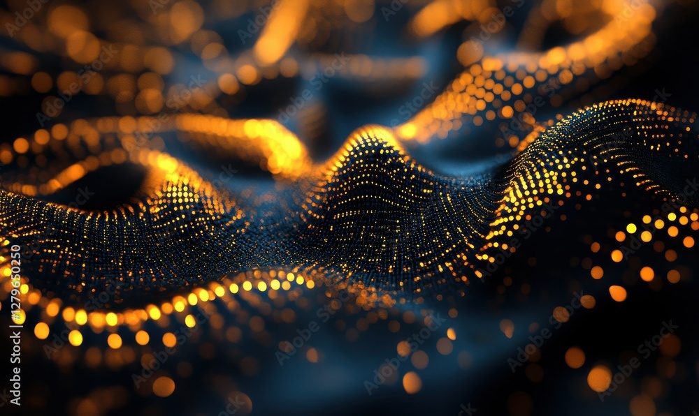 Poster abstract golden particles glowing in dark space, soft reflections creating depth and contrast, festi