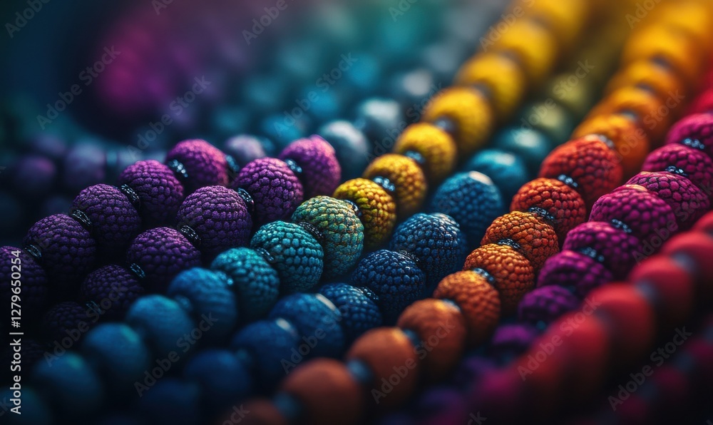 Poster abstract macro shot of colorful beads arranged neatly on a soft surface, soft lighting enhancing the