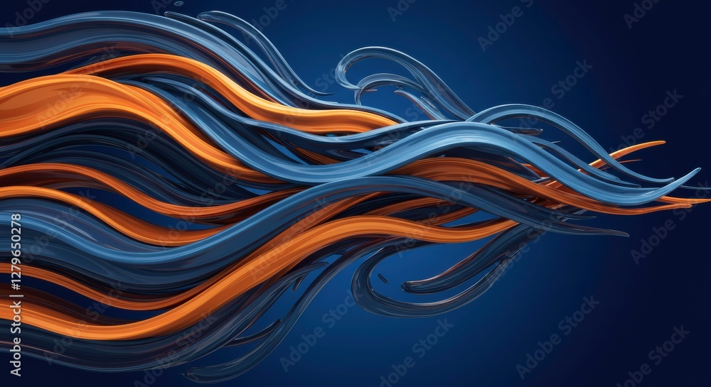Poster abstract flowing lines: dynamic, flowing lines of orange and blue intertwine and cascade across a de