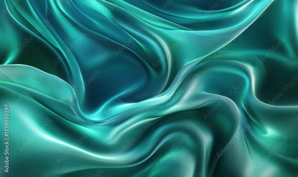 Poster abstract flowing silk fabric in emerald green with smooth folds and glossy highlights, illuminated b