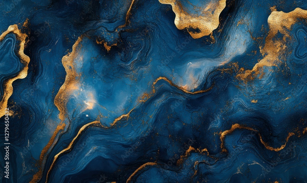 Poster abstract fractal patterns in deep blue and gold tones, intricate and luminous, creating an otherworl