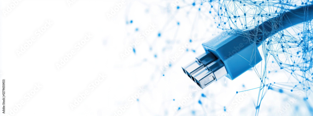 Poster close-up of a digital interface stylized as a connecting cable with a network structure.