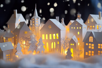 Obraz premium A layered paper winter village with glowing paper lanterns and softly falling snow.