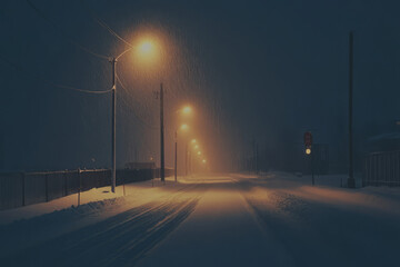A peaceful snowfall at night, with glowing street lamps casting warm light onto the snow covered road.