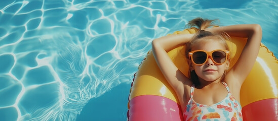 Funny photo of baby girl swimming with fun on inflatable swim ring in clear aqua park pool. Top view. Healthy family lifestyle, children with parents outdoor water sports activity on summer holidays.