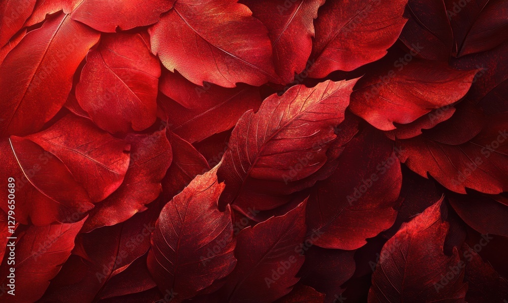 Wall mural artistic close-up of bright red autumn leaves with intricate details, softly illuminated to create d