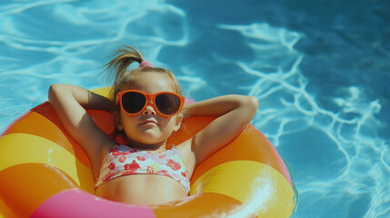 Funny photo of baby girl swimming with fun on inflatable swim ring in clear aqua park pool. Top view. Healthy family lifestyle, children with parents outdoor water sports activity on summer holidays.
