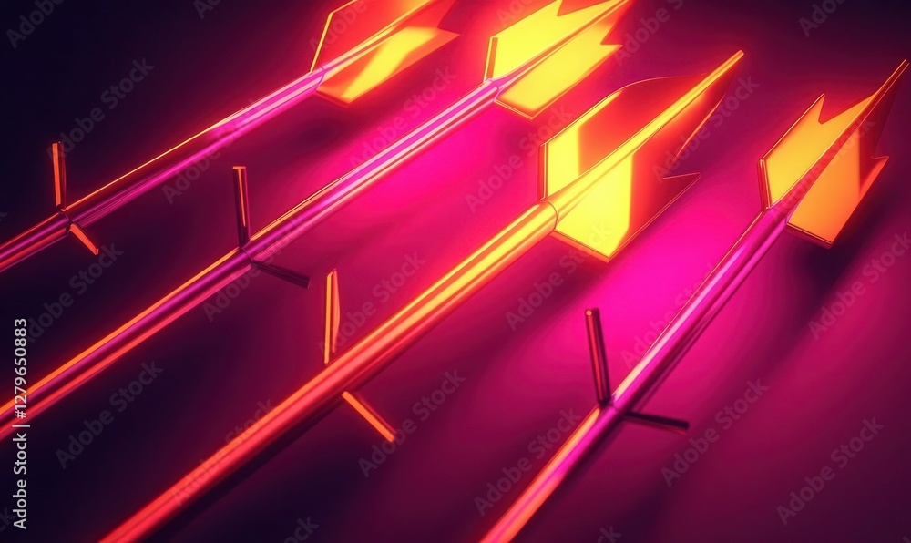 Poster abstract glowing arrows in neon pink and orange tones, shooting dynamically across a gradient dark b