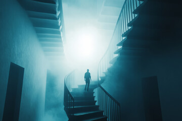 A mysterious surreal dream where staircases appear to defy gravity, stretching toward a bright light source in the center of a foggy room.
