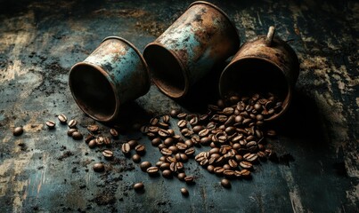 Artistic composition of spilled coffee beans and vintage cups on a dark textured surface, warm light emphasizing rustic and cozy details, perfect for culinary themes,