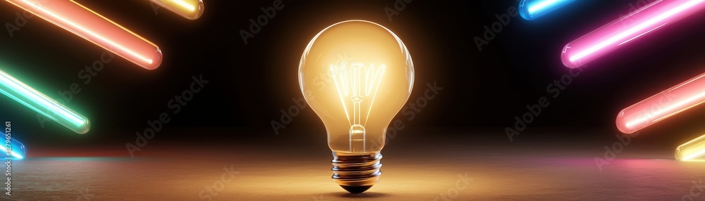 Poster bright lightbulb with colorful neon strips on dark background captivating visual for creativity and 
