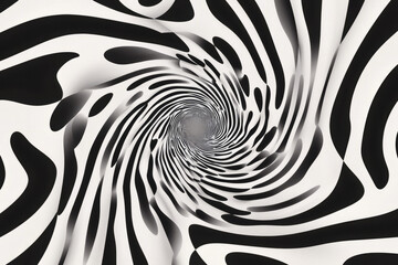 A hypnotic black and white optical illusion pattern with swirling and interwoven lines creating a mesmerizing effect.