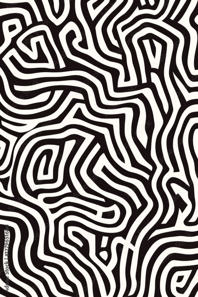 Poster a minimalistic black and white abstract illustration with interwoven, curving lines creating an intr