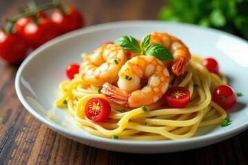Fresh cherry tomatoes on a bed of pasta with pan-seared shrimp and lemon sauce, seafood, cherry tomatoes
