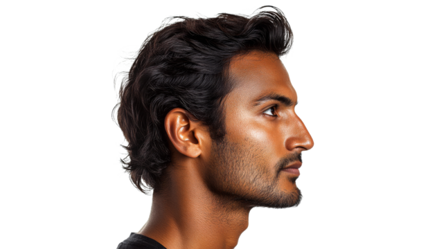 Profile view of a man with black curly hair