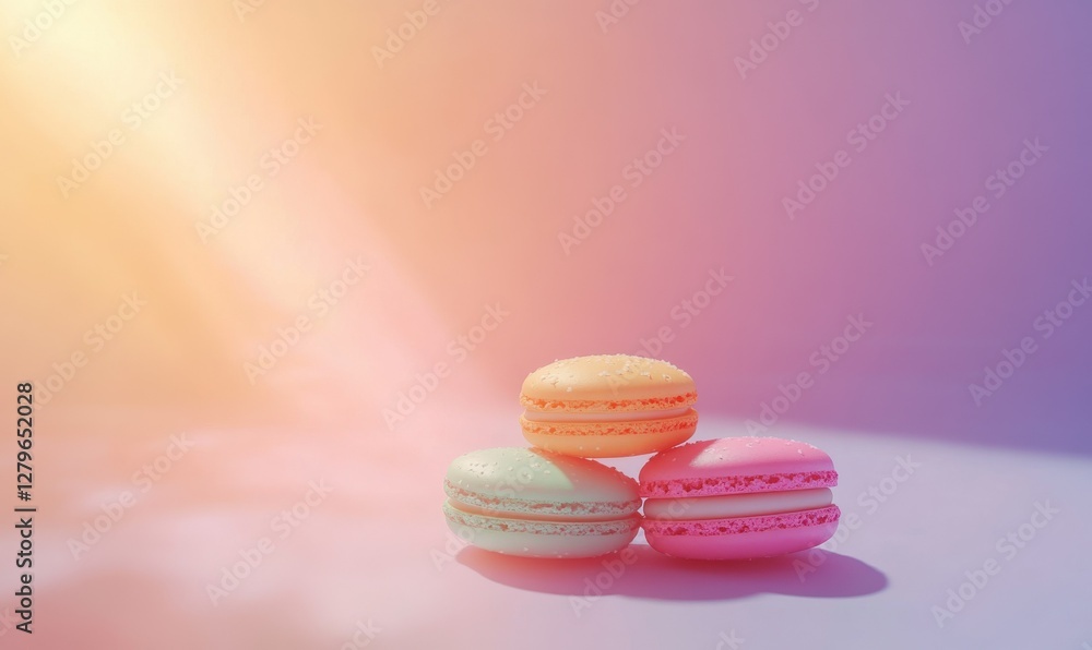 Poster artistic flat-lay of colorful macaroons arranged neatly on a soft pastel background, illuminated by 