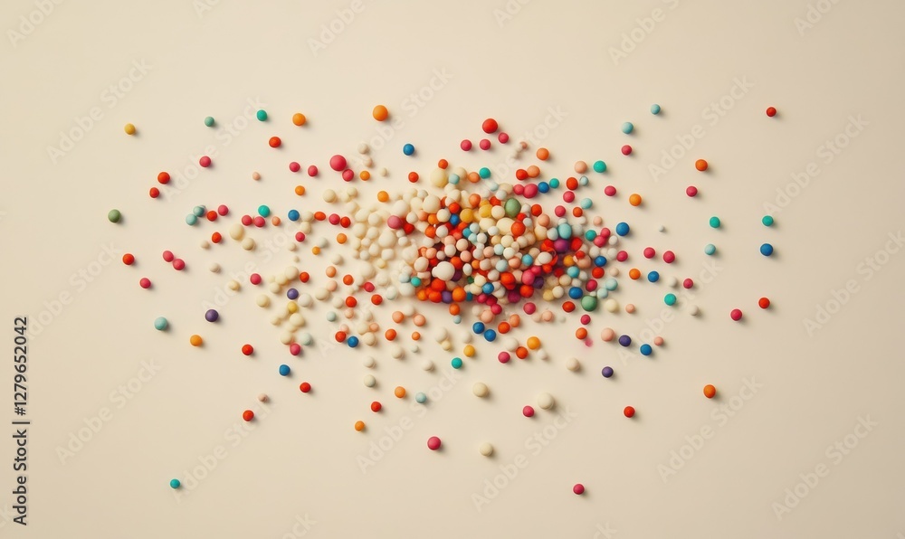 Poster artistic flat-lay of colorful sprinkles scattered on a clean pastel background, softly illuminated b